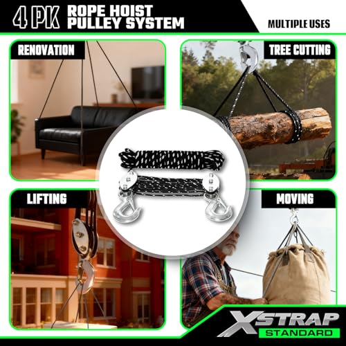 XSTRAP STANDARD Heavy-Duty 50 FT Reflective Rope Hoist Pulley System, Black | Metal Wheels Bearing 2000 LB Breaking Strength Block and Tackle Pulley System for Lifting Heavy Objects, with 2pcs Soft Loops - color: 50 Ft+Reflective Silver Black+2 Soft Loops