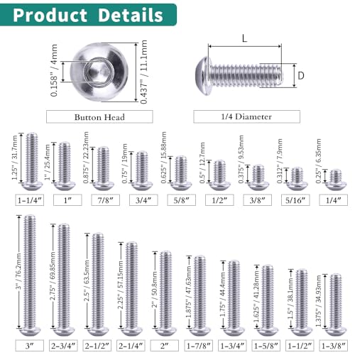 1/4-20 x 3/8" Button Head Socket Cap Bolts Screws, 304 Stainless Steel 18-8, Allen Hex Drive, Bright Finish, Fully Machine Thread, Pack of 25 - size: 1/4-20 x 3/8