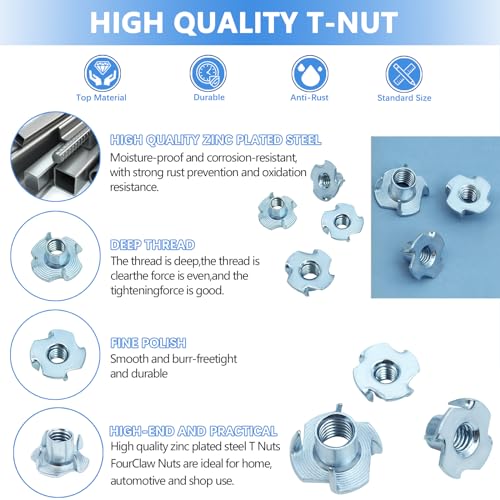 T Nuts 1/4"-20, 5/16"-18, 3/8"-16, Jovlalis 160 pcs Zinc Plated Steel T-Nut 4 Pronged Tee Blind Nuts Assortment Kit for Wood, Rock Climbing Holds, Cabinetry, Furniture