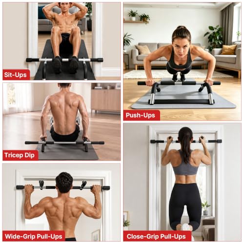 TOPOKO Pull Up Bar for Doorway, Heavy Duty Chin Up Station for Home Gym, Multi-Grip or Adjustable Door Frame Exercise Equipment for Upper Body Strength Training