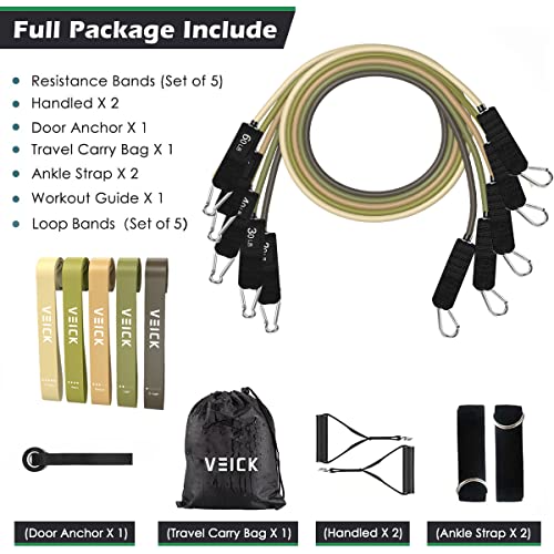 VEICK 10-150LBS Resistance Bands with Handles, Ankle Straps, Door Anchor | Accredited Lab Certified, 100% Natural Latex, Versatile for Yoga, Pilates, Strength, Home Gym - color: Army Green, style: 20-200LBS + 5 Loop Bands
