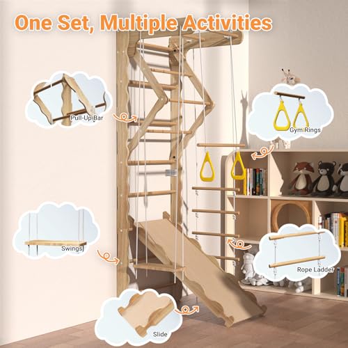 5-in-1 Wooden Indoor Jungle Gym for Kids, Wall-Mounted Swedish Ladder with Pull-Up Bar, Rings, Swing, and Slide – Montessori-Inspired Kids Playset for Fun & Development, Ages 3-8 - size: 5-in-1