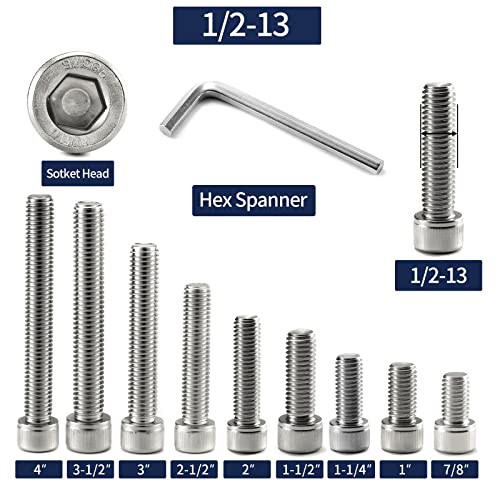1/2-13 x 7/8" Socket Head Cap Screws Bolts, 20Pcs 304 Stainless Steel 18-8, Allen Socket Hex Drive, Full Thread, Bright Finish by SG TZH(with Hex Spanner) - size: 1/2-13 x 7/8"