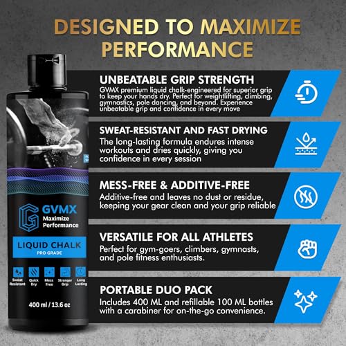 50ML/100ML/400ML Superior Grip Premium Liquid Chalk. Long Lasting Mess-Free Gym Chalk for Weightlifting, Gymnastics, Climbing. Fast Drying Refillable Gym Accessories. Package May Vary. - style: 400ML + 100ML - 1 Pack