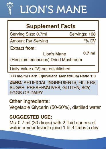 Secrets of the Tribe Lion's Mane Tincture Alcohol-Free Extract, Lion's Mane (Hericium erinaceus) Dried Mushroom (4 fl oz)