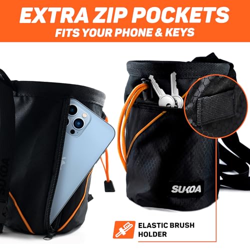 Chalk Bag for Rock Climbing - Rock Climbing Gifts Gear Accessories - Quick-Clip Belt, Large Zippered Pockets & Brush Holder - Weight Lifting, Gym, Bouldering, Disc Golf, Wall, Rock Climbing Chalk Bag - color: Sukoa Orange
