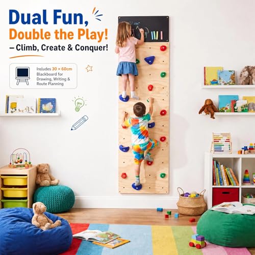 Rock Climbing Wall for Kids, 82.5 x 23.6 Inch Indoor Gym Playground Play Set with Drawing Blackboard, Wooden Climber & 18 Holds, Rock Wall for Home Gym Kids Ages 3+ Years, Easy Assembly