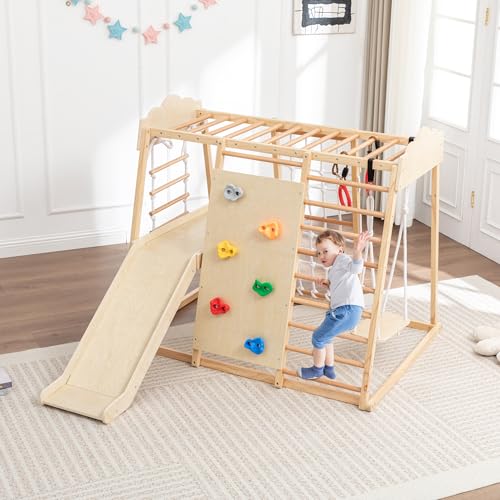8-in-1 Wooden Indoor Jungle Gym for Toddlers, Montessori Climbing Playset with Slide, Swing, Climbing Net, Rings, Monkey Bars – Indoor Playground for Kids Ages 3-8 - size: 8-in-1