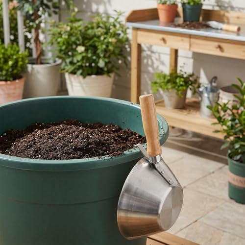 Peohud Stainless Steel Bucket Scoop, Heavy Duty Bucket Dipper with Wood Handle for Cement, Thick Stucco Tools for Material Handling, Construction Site, Landscaping Garden