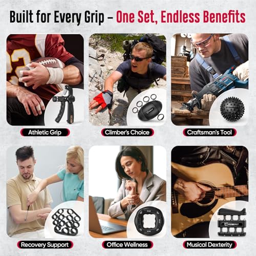 FitBeast Grip Strength Trainer, Hand Gripper Strengthener Kit - 6 Pack with Adjustable Resistance Forearm Strengthener, Forearm Exerciser and Massage Balls for Hand Therapy, Grip Training - color: Black
