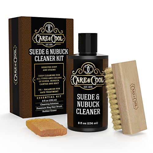 Care & Cool Suede & Nubuck Cleaner Kit, 8 oz, 100% Hog Hair Brush & Eraser | Helps Lift Dirt & Refresh Nap, Odorless & Non-Sticky Formula, Firm Yet Gentle Bristles, Suitable for Leather, Canvas & Knit