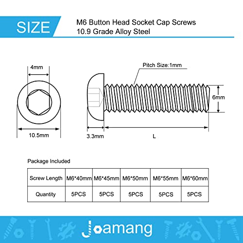 M6 x 40mm 45mm 50mm 55mm 60mm Button Head Socket Cap Screws Bolts, 10.9 Grade Alloy Steel, Black Oxide Finish, Metric Allen Hex Drive, Fully Threaded, Assortment Kit 25Pcs - size: Button M6x40-60 mm