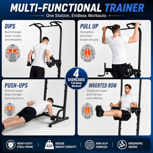 BARWING Pull Up Bar Station, Power Tower, Dip Station with 3D Backrest, Multi-Function Strength Training Stand Rack, Adjustable Height Dip Bar for Home Gym Workout Stand Fitness Exercise Equipment - color: P007C-B