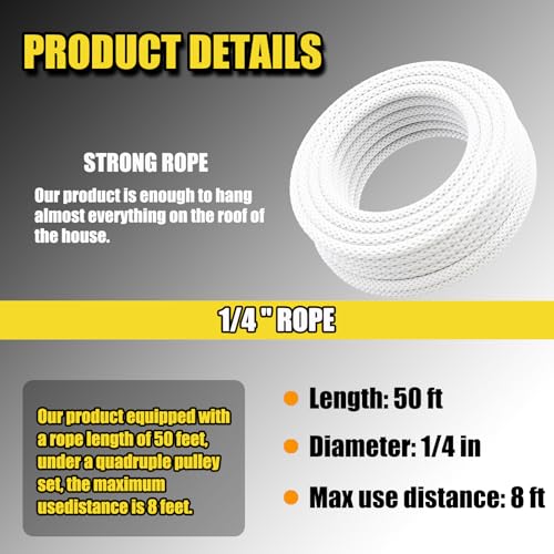 Block and Tackle 1100 lbs, 2200 LBS Breaking Strength Heavy Duty Pulley, 50 Ft 3/8" Rope Pulley, 5:1 Lifting Power Pulley System, Pulley Hoist for Animal Husbandry, Warehouses, Constructions - color: WHITE