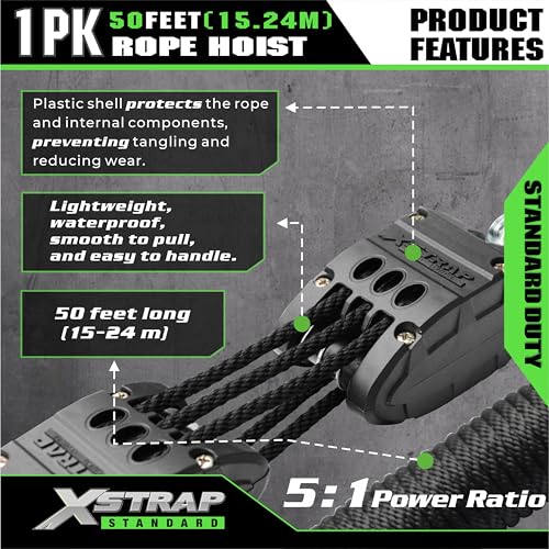 XSTRAP STANDARD Heavy-Duty Block and Tackle Pulley System, 1000 LB Working Load, 2000 LB Break Strength, 50 FT Rope Hoist with 2 Soft Loops for Garage, Hunting & DIY Attic Lift, Black - color: 50 Ft+Black+2 Soft Loops