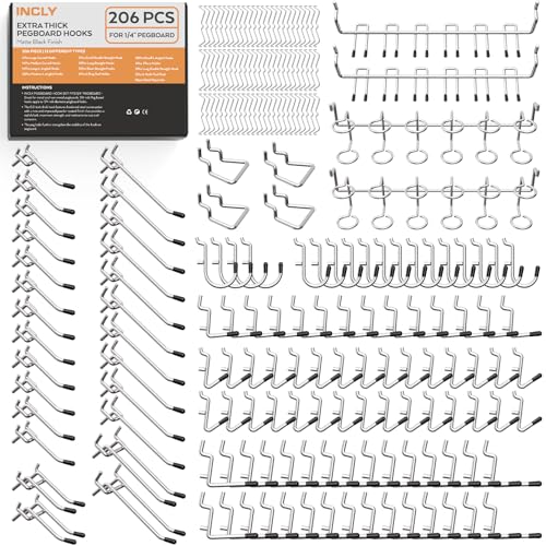 INCLY 206PCS Heavy Duty 1/4" Pegboard Hooks Set for Hanging Tools | Peg Board Hooks & Hangers, Only Fit 1/4 Inch Pegboard, Peg Board Accessories, For Garage Organizing - size: 1/4 Inch