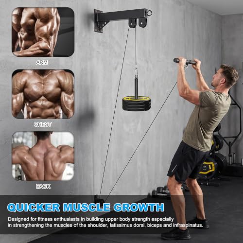 Wall Mounted Pulley System, Low Cable Machine Pulley System for LAT Pulldown, Biceps Curl Home Gym Equipment with Fitness Pull Down Bar, Tricep Rope - style: Wall Mounted Pulley System with Straight Bar