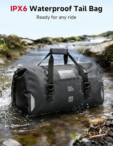 KEMIMOTO Waterproof Motorcycle Dry Bag – Duffle Tail Bag Soft Luggage, 25L/40L/65L Large Capacity with 4 Quick-Release Straps, Dustproof for Touring, Adventure, Motorcycling & Camping Grey - size: 65L