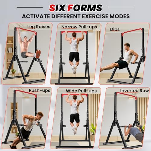 DOBESTS Power Tower Pull Up Bar Free Standing, Foldable Pull Up Station - color: Black Style 3-Red Bar