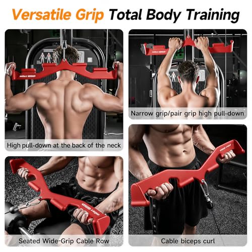 LAT Pull Down Bar with 6 Ergonomic Handles, Neutral Grip LAT Pulldown Attachments for Whole Back Training, Wide Grip LAT Pulldown Bars for Home Gym Cable - color: Red-3