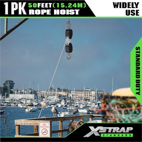 XSTRAP STANDARD Heavy-Duty Block and Tackle Pulley System, 1000 LB Working Load, 2000 LB Break Strength, 50 FT Rope Hoist with 2 Soft Loops for Garage, Hunting & DIY Attic Lift, White - color: 50 Ft+Black White+2 Soft Loops