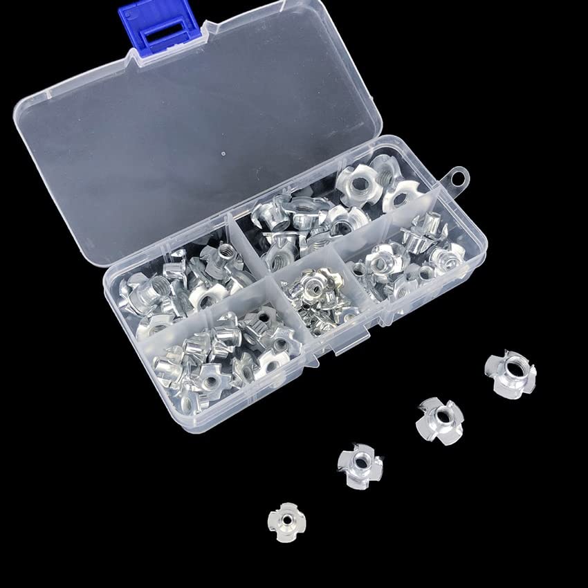 90PCS/Set T-Nuts Four Pronged T Nut M3 M4 M5 M6 M8 for Wood, Rock Climbing Holds, Cabinetry, with Storage Box, Zinc Plated Steel