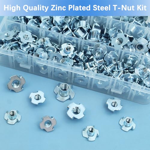 T Nuts 1/4"-20, 5/16"-18, 3/8"-16, Jovlalis 160 pcs Zinc Plated Steel T-Nut 4 Pronged Tee Blind Nuts Assortment Kit for Wood, Rock Climbing Holds, Cabinetry, Furniture