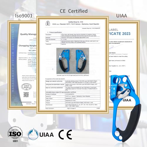 UIAA & CE Certified Hand Ascender Rock Climbing Tree Arborist Rappelling Gear Equipment Rope Clamp for 8~13MM Rope - color: Blue Set-Right