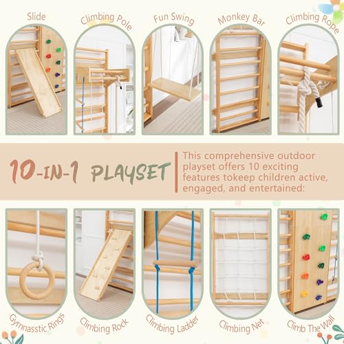 10-in-1 Swedish Ladder Indoor Jungle Gym for Kids Ages 3–12, 500 LBS Wooden Wall-Mounted Climbing Set with Slide, Swing, Rings, Monkey Bars – Montessori Play & Fitness Playground - size: 10-in-1