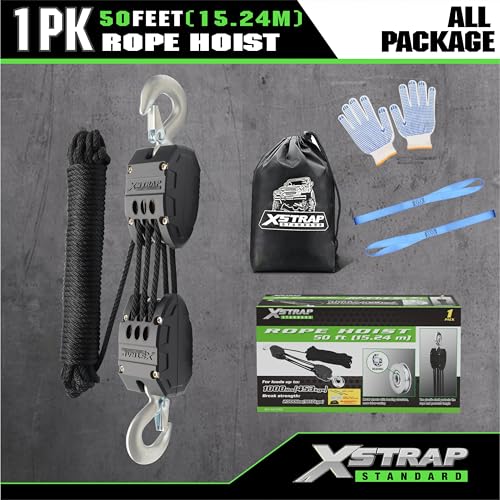XSTRAP STANDARD Heavy-Duty Block and Tackle Pulley System, 1000 LB Working Load, 2000 LB Break Strength, 50 FT Rope Hoist with 2 Soft Loops for Garage, Hunting & DIY Attic Lift, Black - color: 50 Ft+Black+2 Soft Loops