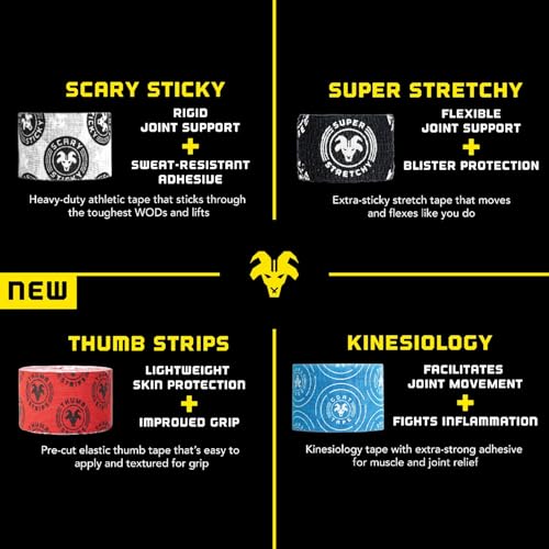 Goat Tape Thumb Strips Pre Cut Athletic Tape for Fingers - Extra Sticky Elastic Athletic Thumb Tape for Weightlifting, Cross Training, Gym Grips, Hook Grip, WOD Workout Hand Wrap - 1.5’’ x 5’’ Strips