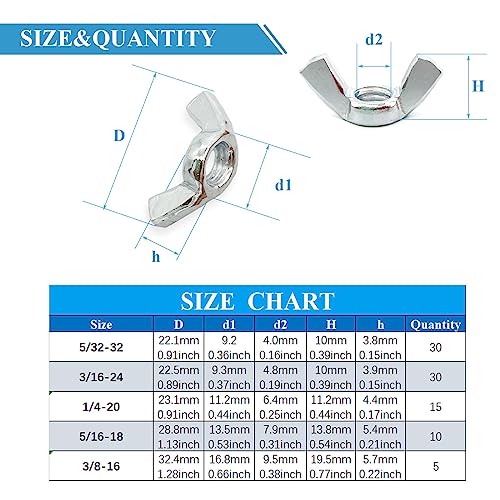 90 Pcs 5 Sizes 5/32",3/16",1/4",5/16",3/8" Wingnuts, Quality Carbon Steel Wing Nuts Zinc Plated Fasteners Parts Butterfly Nut, Hand Twist Tighten Hardware Nuts Butterfly Wing-Nut Assorted Kit - size: 5 Sizes (5/32", 3/16", 1/4", 5/16", 3/8") - 90 Pcs