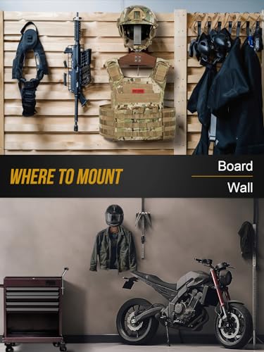 OneTigris Motorcycle Helmet Holder Wall Mount, Tactical Gear Holder with Helmet Stand and Plate Carrier Hanger, Solid Wood Wall Rack Organizer & Display for Police, Football, Cycling Gear - color: Sapele