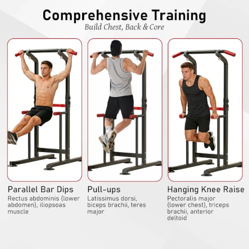 Power Tower Pull Up & Dip Station Multi-Function Home Strength Training Fitness Workout Station Height Adjustable - color: Black And Red