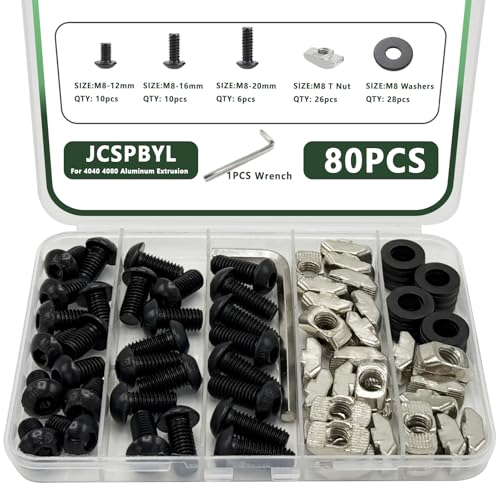 80 pcs M8 T Nut Screws Kit for 4040 4080 Aluminum Extrusion, 26 pcs Black M8x12/16/20mm Hexagon Socket Carbon Steel Screws and 26 pcs M8 Drop in T-Nuts, 28 Washers with Hex Wrench - style: 80pcs 40 Series Screws Kit Black