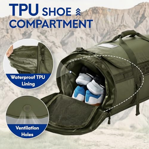 Haimont Heavy Duty Convertible Travel Duffel Backpack, Army Green, 45L | Shoe Compartment, Water-Resistant Tarpaulin, Wide U-Shaped Opening - color: Green, size: 45L