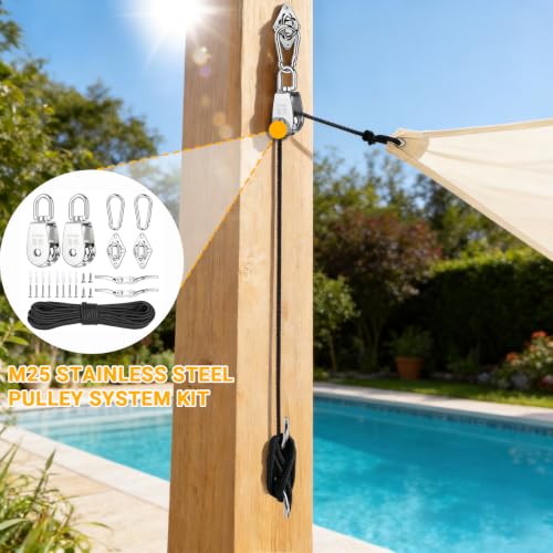 M25 Stainless Steel Pulley System Kit,Pulley Block with Nylon Rope | 2 Pack M25 Heavy Duty Pulleys Wheel with Rope Cleat, Eye Pad Plate and Hooks for Sun Shade Sail, Clothesline | 2 Pack M25 Heavy Duty Pulleys Wheel with Rope Cleat, Eye Pad Plate and Hook