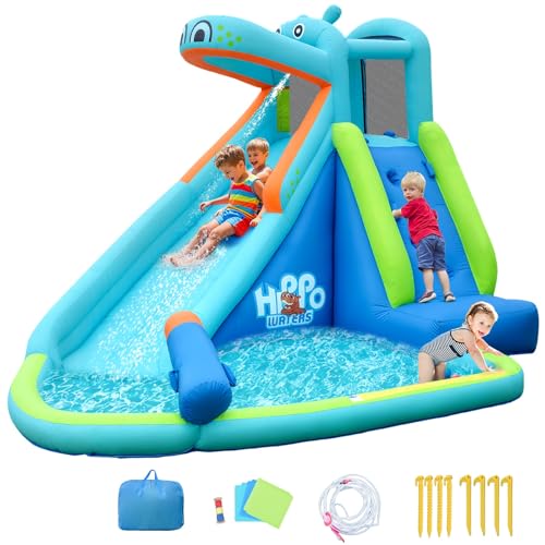 OLAKIDS Inflatable Water Slide, Hippo Themed Bounce House Water Park with Slide Splash Pool Climbing Wall Water Gun, Outdoor Inflatable Obstacle Course Jumping Castle for Kids Backyard - style: without Blower