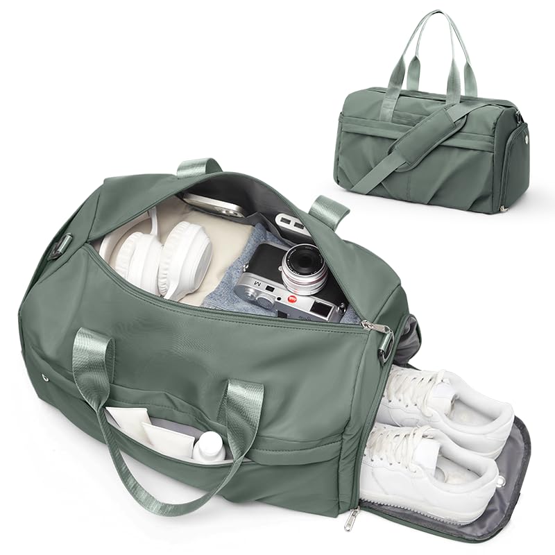 Gym Bag for Women Men with Shoe Compartment, Sport Duffel Bag, Waterproof Travel Weekender Overnight Carry on Bag for Yoga with Trolley Sleeve, Green - color: A5-Green