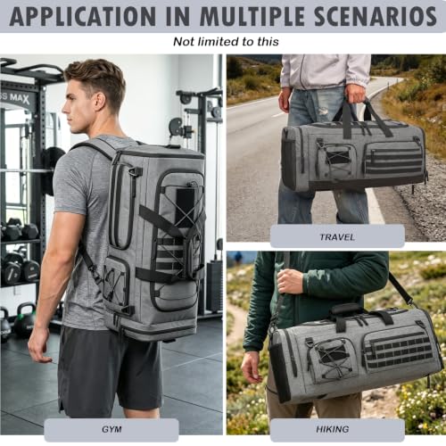 50L Tactical Gym Bag for Men and Women with Shoe & Laptop Compartment | Extra Large Duffle Bag, 3-in-1 Travel Sports Duffel Bags MOLLE Weekender Overnight Bag for Gym, Travel, Black + Gray - color: Black + Gray
