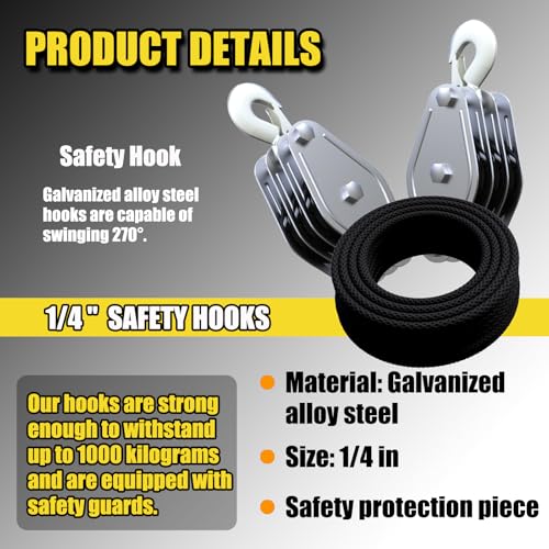 Block and Tackle 2200 LBS Breaking Strength Heavy Duty Pulley, 50 Ft 3/8" Rope Pulley, 5:1 Lifting Power Pulley System, Pulley Hoist for Animal Husbandry, Warehouses, Constructions(Black) - color: BLACK
