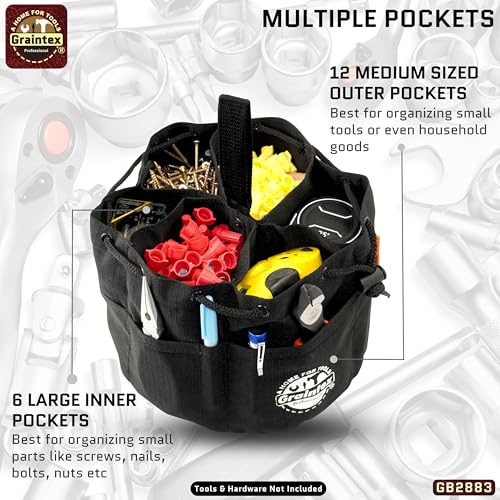 Graintex 18 Pockets Grab Bag Rip-stop Canvas Drawstring Closure, Small Part Organizer Pouch, Small Tools, Screws, Parts, Parachute Tool Bag for Efficient Storage - Black - color: Black