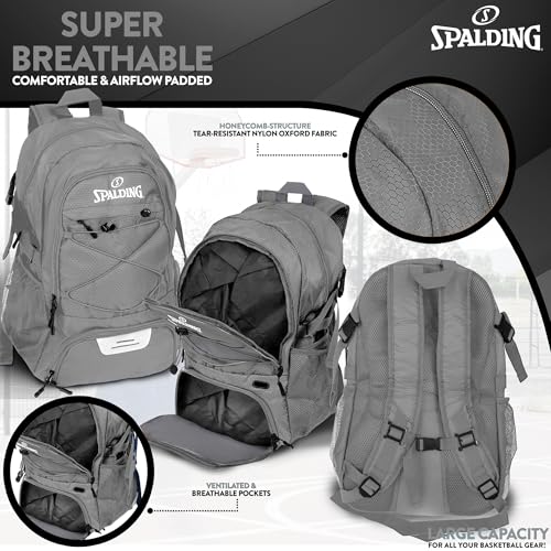 Spalding Basketball Backpack Sports Bag | Large Black Backpack with Shoe and Ball Compartment | Gifts for Basketball Players - color: Grey