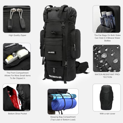 IX INOXTO 85L Lightweight Internal Frame Hiking Backpack for Men Women, Waterproof Travel Camping Backpack with Rain Cover (Black) - color: Black