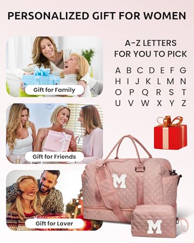 Birthday Gifts for Women-Letter Duffle Bag with Shoe Compartment | Personalized Weekender Bag, Overnight Bags for Women with Trolley Sleeve & Wet Pocket, Travel Bags with Makeup Bag (Letter D) - color: Pink, style: D