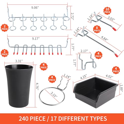 240PCS Pegboard Hooks Assortment, Pegboard Accessories Organizer Kit with Pegboard Bins, Pegboard Cups, 1/8 and 1/4 inch Peg Board Hooks for Hanging Tools, Garage Pegboard Wall Organization - style: 240 Pcs
