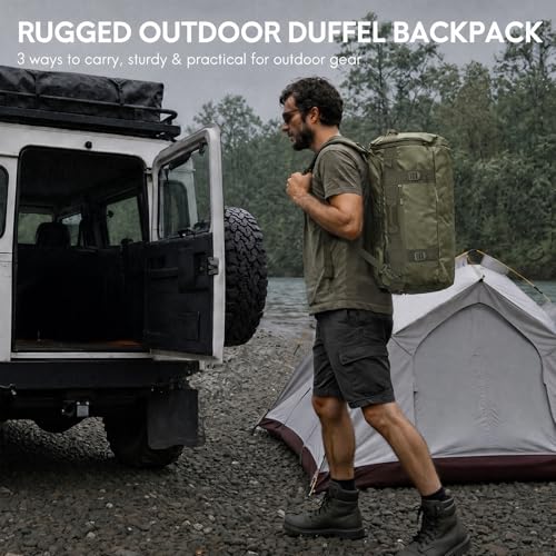 Haimont Heavy Duty Convertible Travel Duffel Backpack, Army Green, 45L | Shoe Compartment, Water-Resistant Tarpaulin, Wide U-Shaped Opening - color: Green, size: 45L