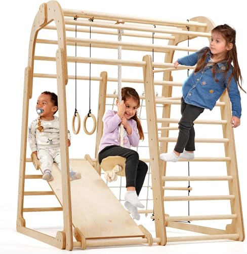 Goodevas Wooden Kids Climbing Frame Indoor – Montessori Playground with Slide, Climbing Wall & Rope Ladder – Enhanced Montessori Gym for Children Ages 3 to 8 - size: Playground