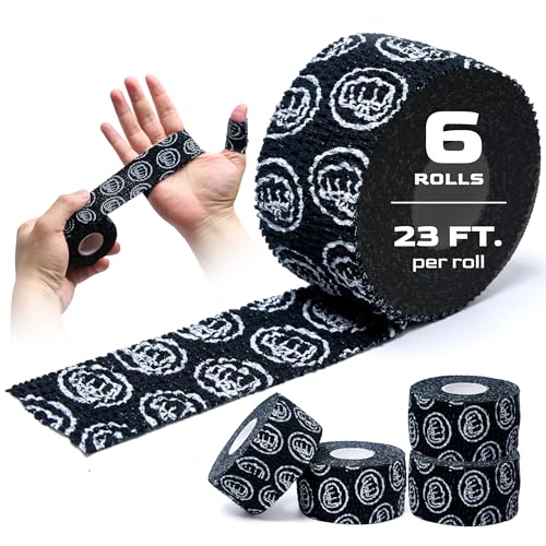 WOD Nation Weightlifting Hook Grip Tape 23ft Roll - 6 Pack 100% Elastic Sweat & Chalk Proof Thumb Tape for Crossfit, Gym, Weightlifting, Pull Ups, Gymnastics, Rowing, Multi-Sport Grip Protection-Black