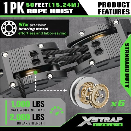 XSTRAP STANDARD Heavy-Duty Block and Tackle Pulley System, 1000 LB Working Load, 2000 LB Break Strength, 50 FT Rope Hoist with 2 Soft Loops for Garage, Hunting & DIY Attic Lift, Black - color: 50 Ft+Black+2 Soft Loops